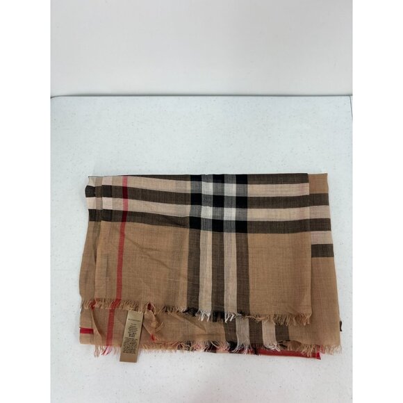 Burberry Beige Check Wool and Silk Scarf Made In Italy Soft & Lightweight - Picture 8 of 10
